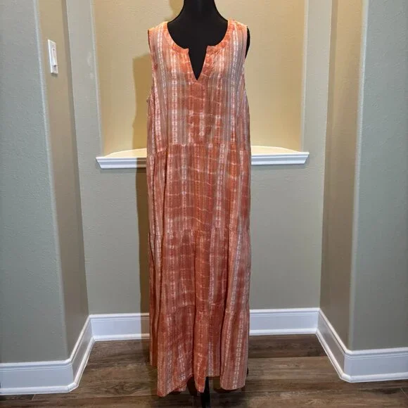 🧡 J.Jill Ibiza Tiered Orange Tie Dye Maxi Sleeveless Sun Dress XL - Picture 1 of 9